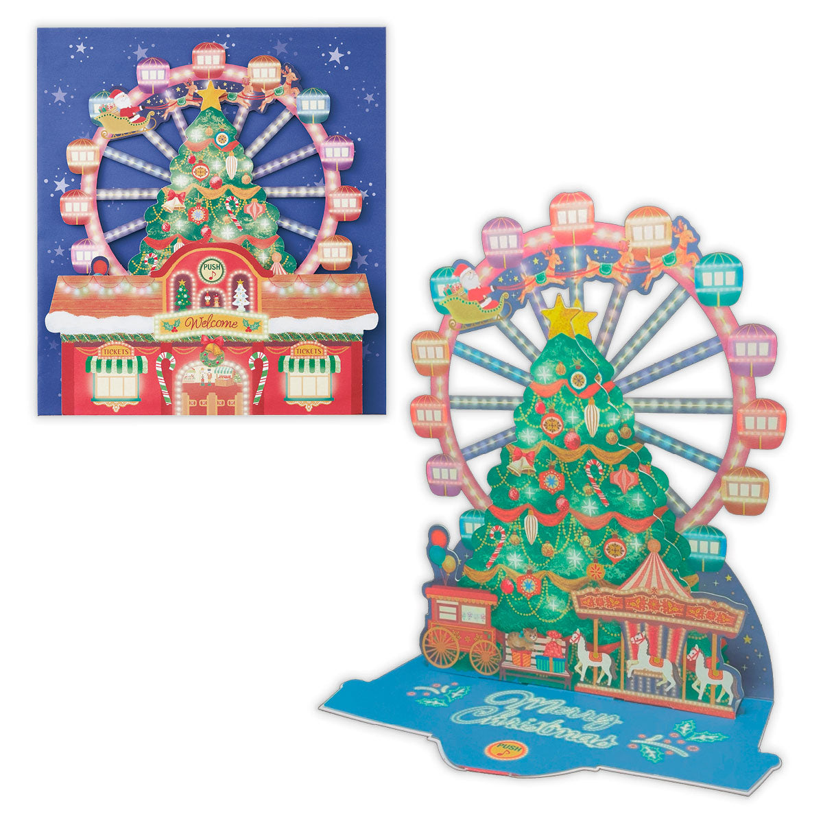 立てて飾れる 観覧車とツリー【立体クリスマスオルゴールカード】