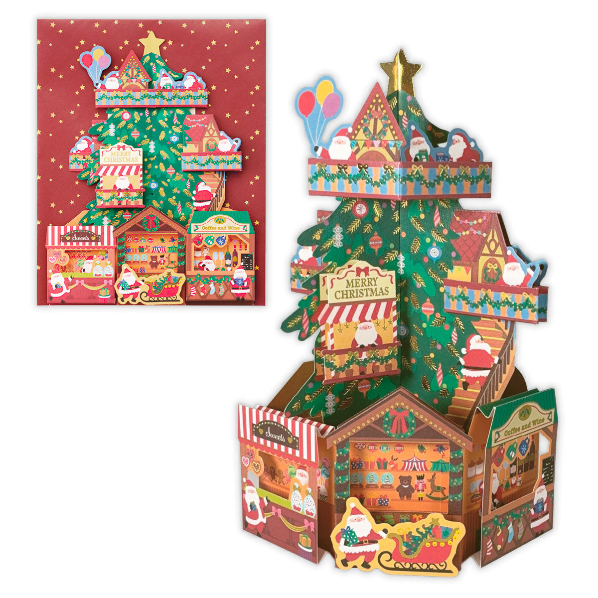 立てて飾れる サンタツリーショップ【立体クリスマスカード】