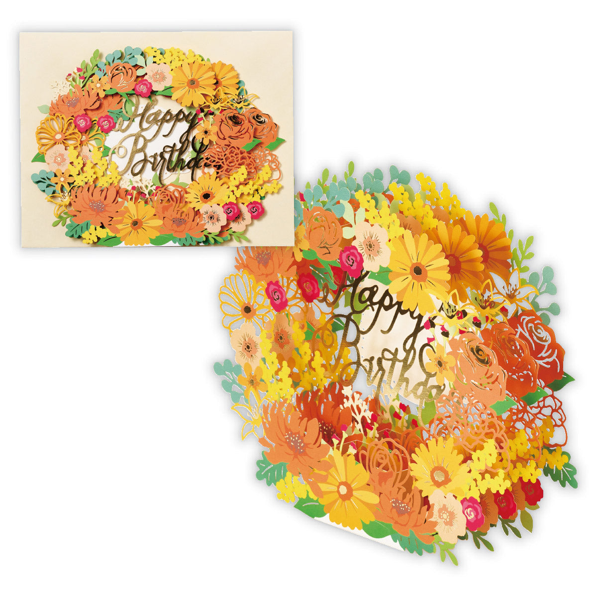 レーザー箔オレンジフラワーリースII【誕生お祝い/立体カード】