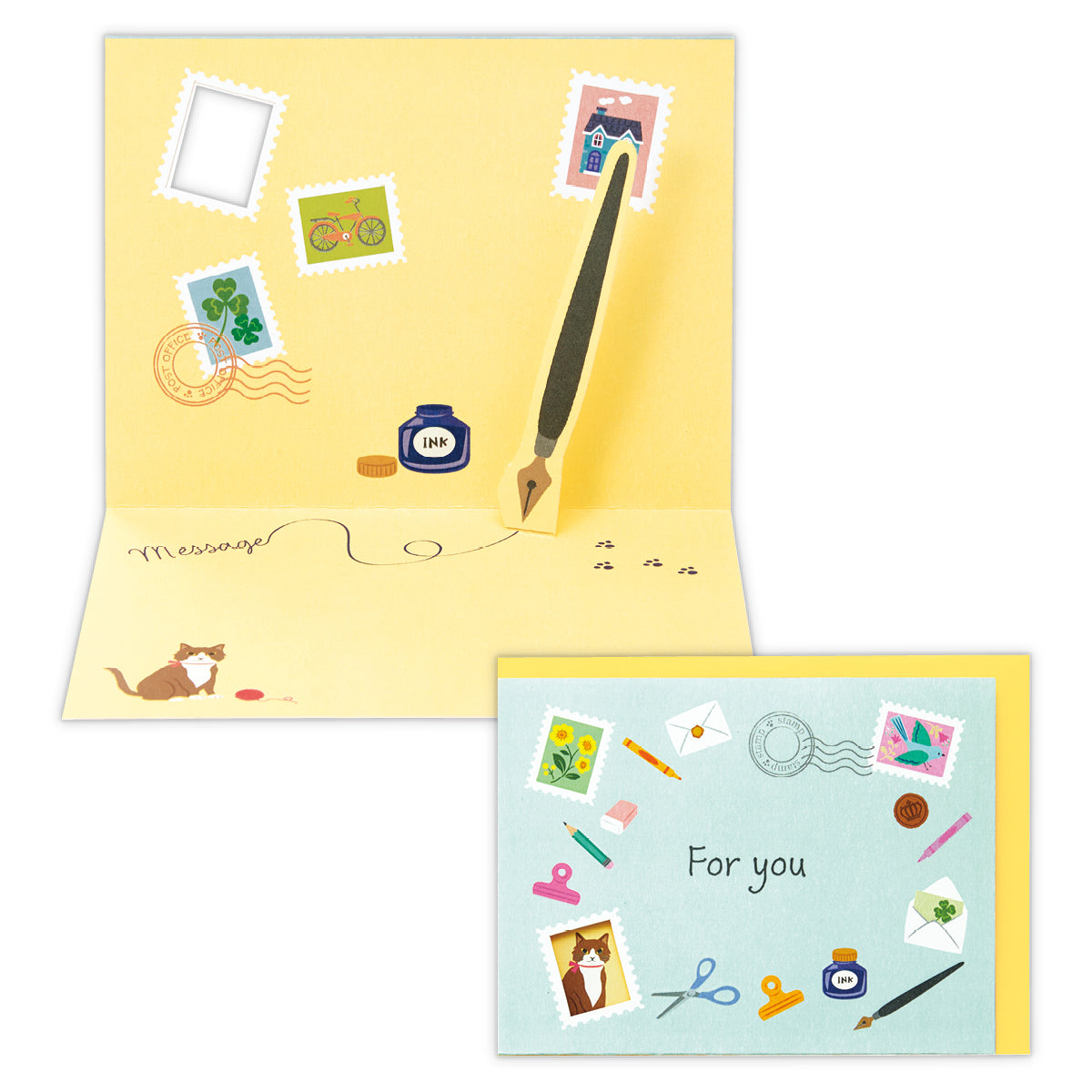 猫と切手【多目的/立体カード/ハッピーホール】