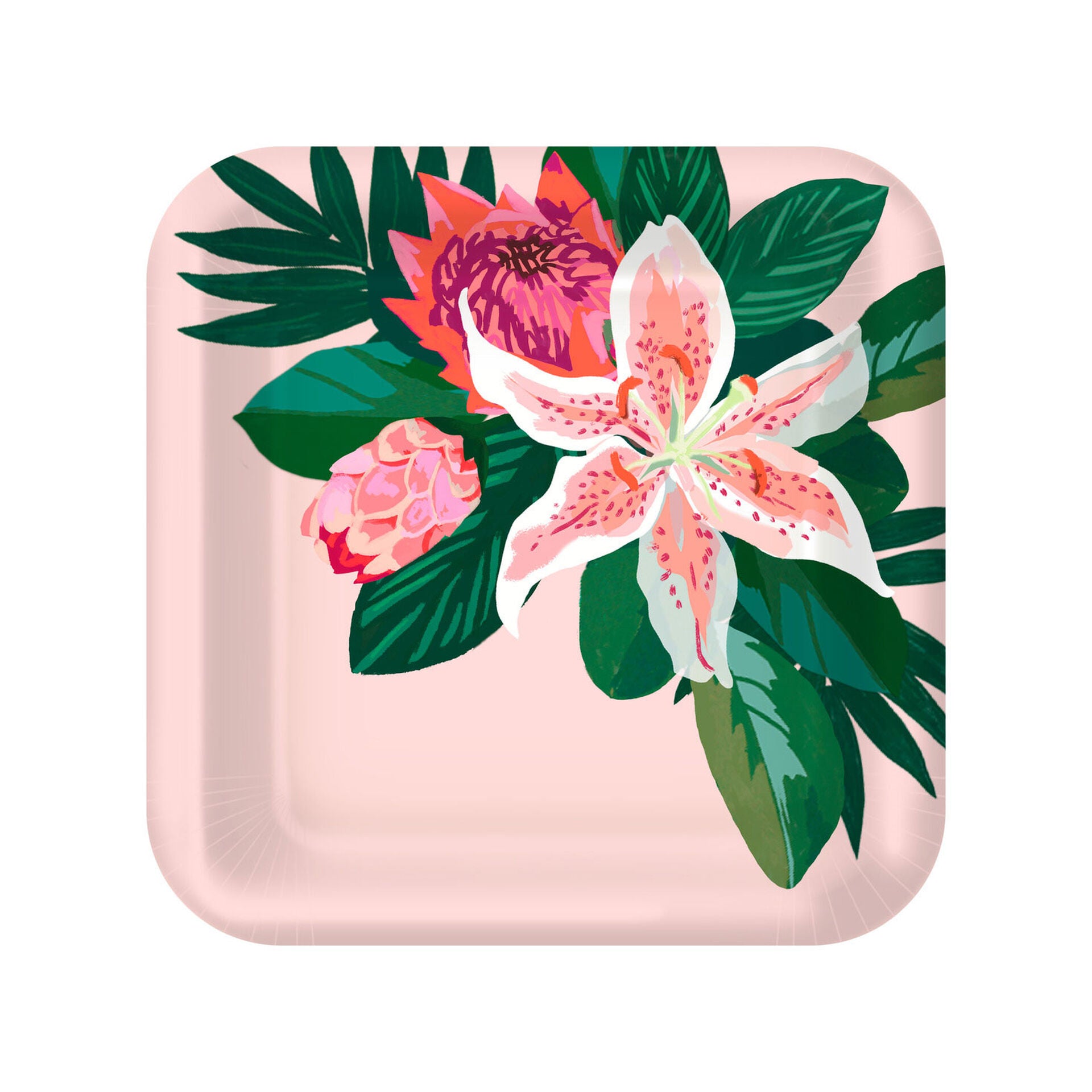 Lily Bouquet on Pink Square Dinner Plates