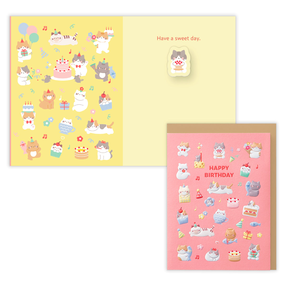 ぷっくりどうぶつ バネ ぷっくりねこ【誕生お祝い／二つ折りカード