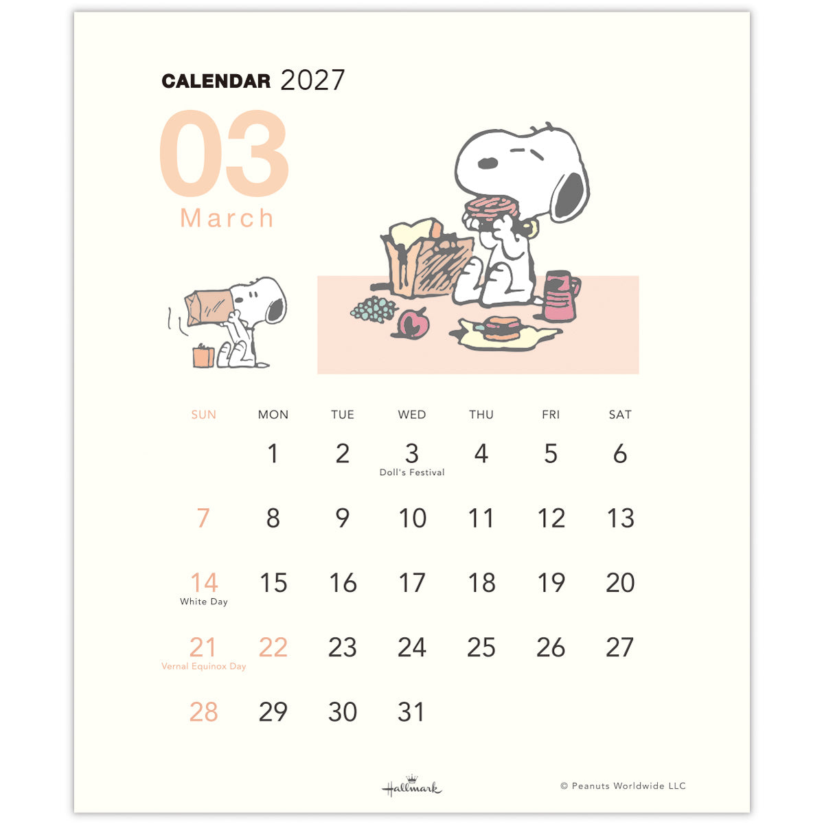 スヌーピー縦型【壁掛け・卓上｜リングカレンダー小 2027】｜日本