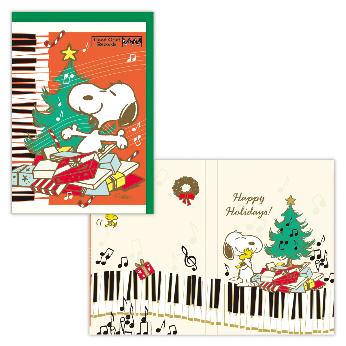 スヌーピー レッドピアノ【二つ折りクリスマスオルゴールカード】